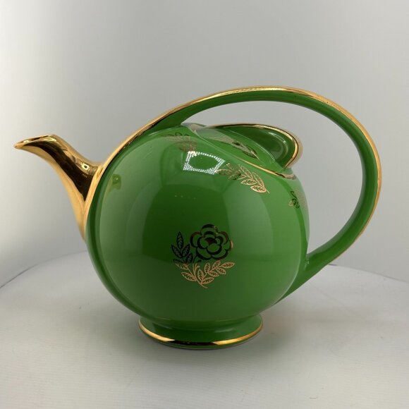 Vintage Hall Rhythm 6-Cup Teapot Emerald Green Gold Rose Mid-Century - Picture 2 of 9